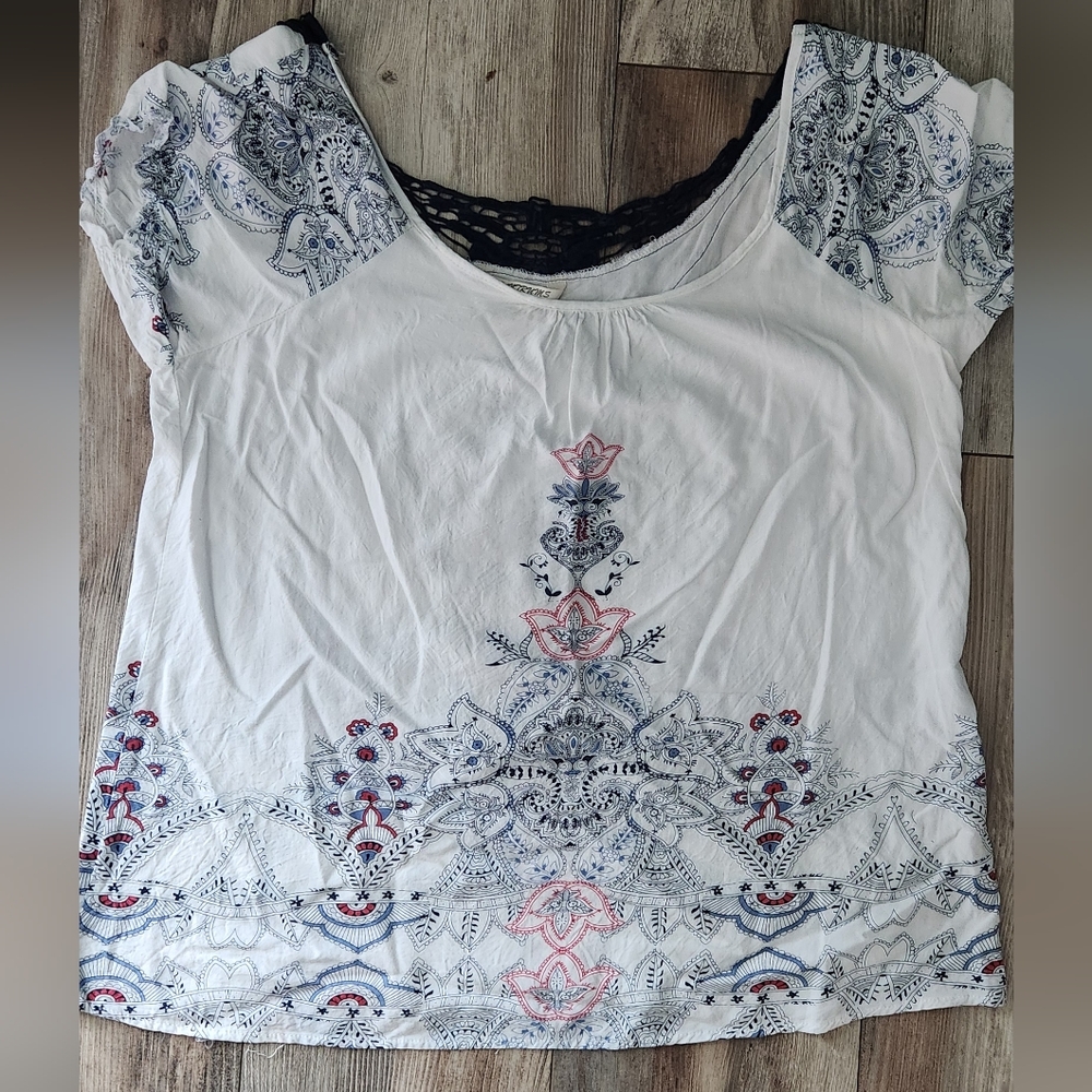 Tantrums White Blouse with Blue and Pink Patterns